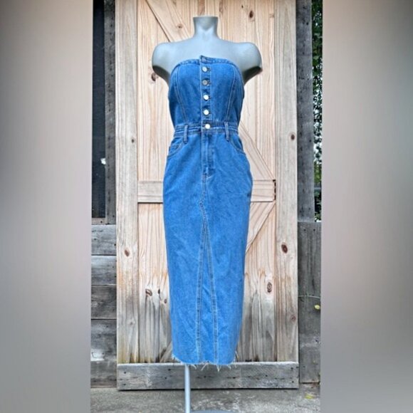 Sincerely Jules Blue Denim Strapless Button Up Raw Hem Midi Dress~S~New - Picture 1 of 6